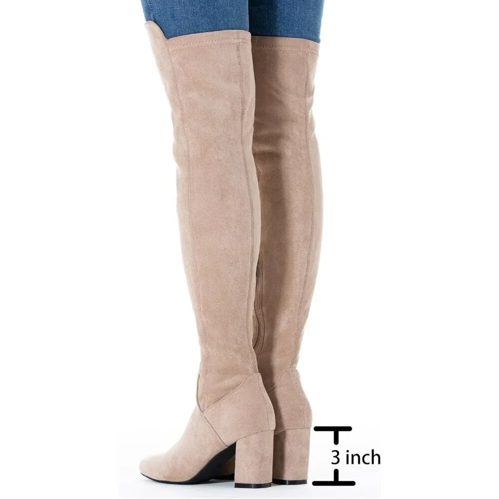 Women Beige\3inch Suede Over the Knee Thigh High Chunky Block Heel Winter Boots